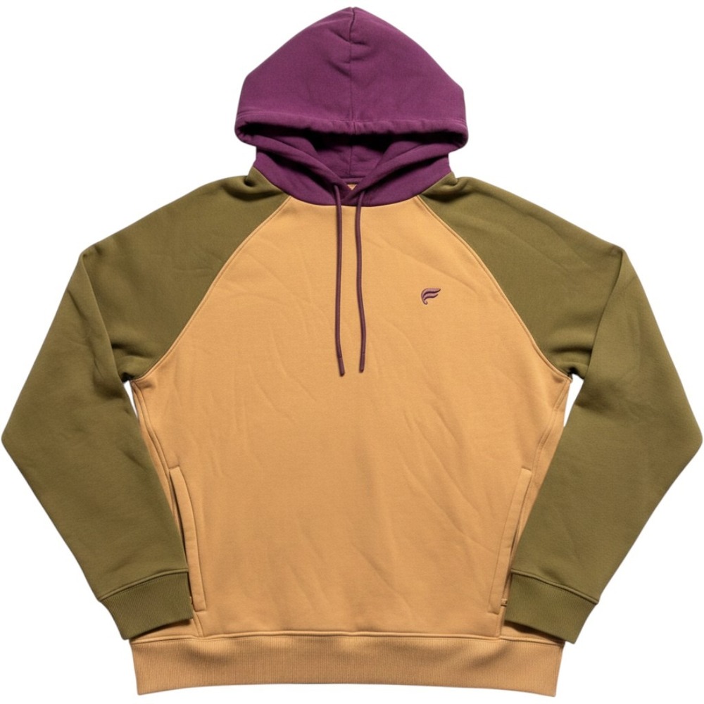 Fabletics Mens Colorblock Raglan Hoodie Tan Green Purple Fleece Pullover Size M
